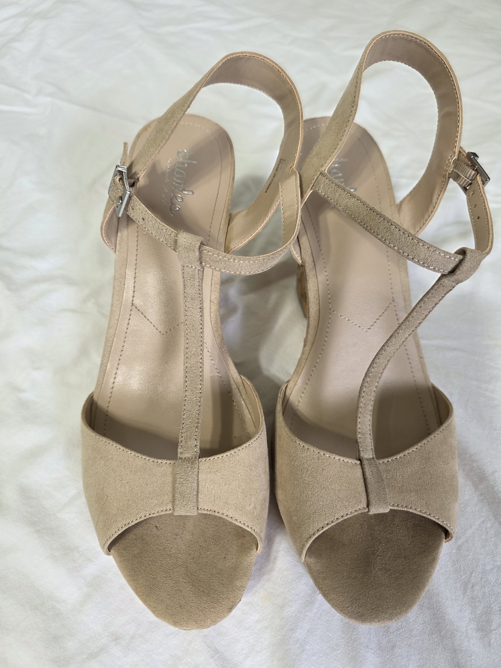 Ladies Beige T-Strap Suede Wedge Sandals
